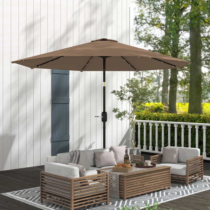 Outsunny Sombrilla de Jardín Ø265 cm con 32 Luces LED Solares Manivela y Poste de Acero para Patio Terraza Caqui