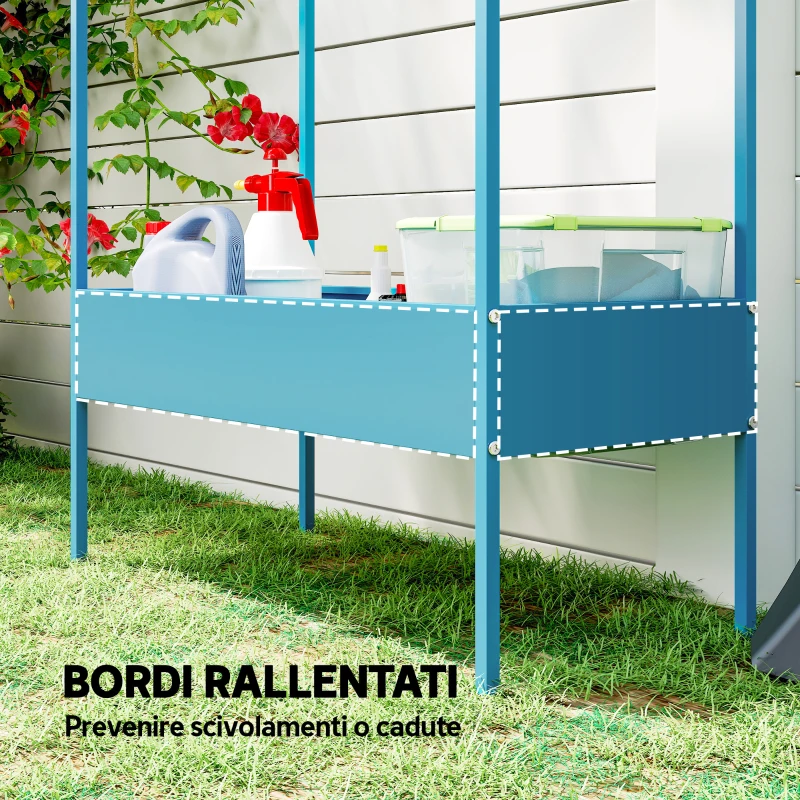 Outsunny Portavasi a 2 Livelli in Metallo a Forma di Casetta con Gancio, 75x35x150 cm, Blu Verde