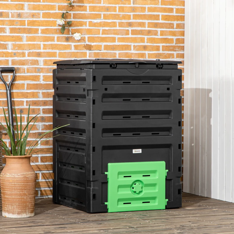 Outsunny Composteur de jardin 450 L, bac composteur pour jardin, 80 aérations et 2 portes coulissantes, 69 x 71 x 103 cm, noir
