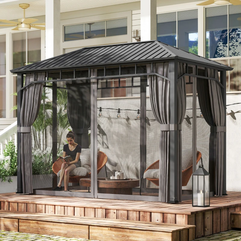 Outsunny 2 x 3.5 m Hardtop Gazebo with Galvanised Steel Roof, Waterproof Permanent Pavilion Garden Gazebo with Netting and Curtains for Patio, Deck, Dark Grey