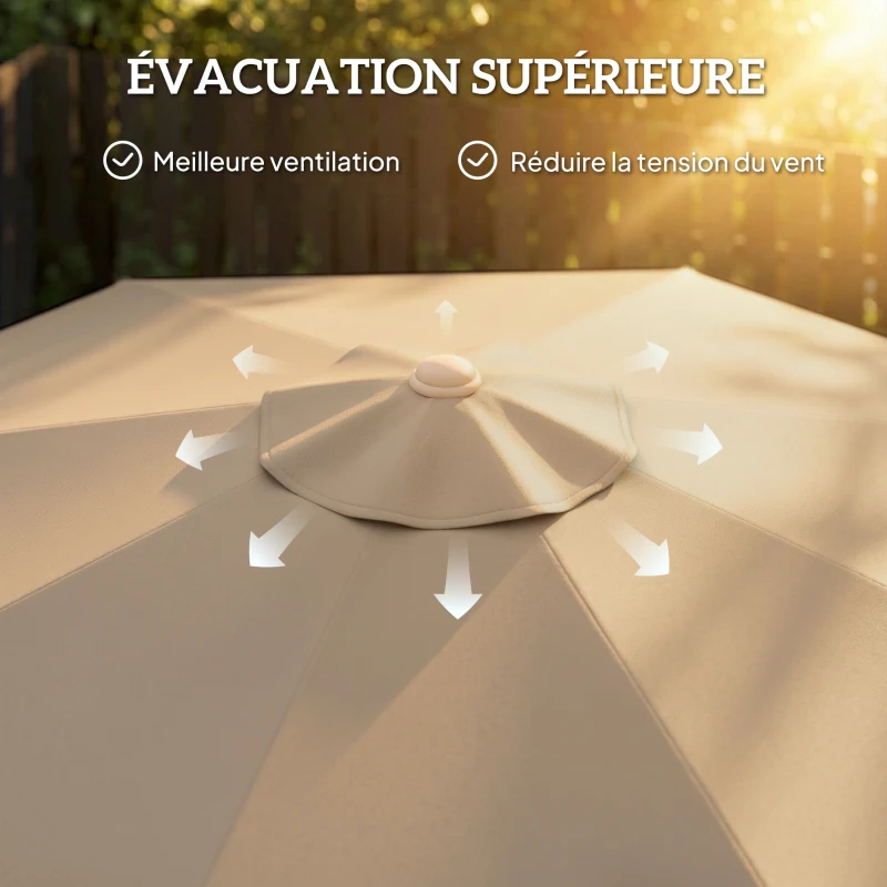 Outsunny Parasol de jardin extérieur 266 cm, parasol inclinable, franges, manivelle, 8 baleines, toile polyester 180 g/m², kaki