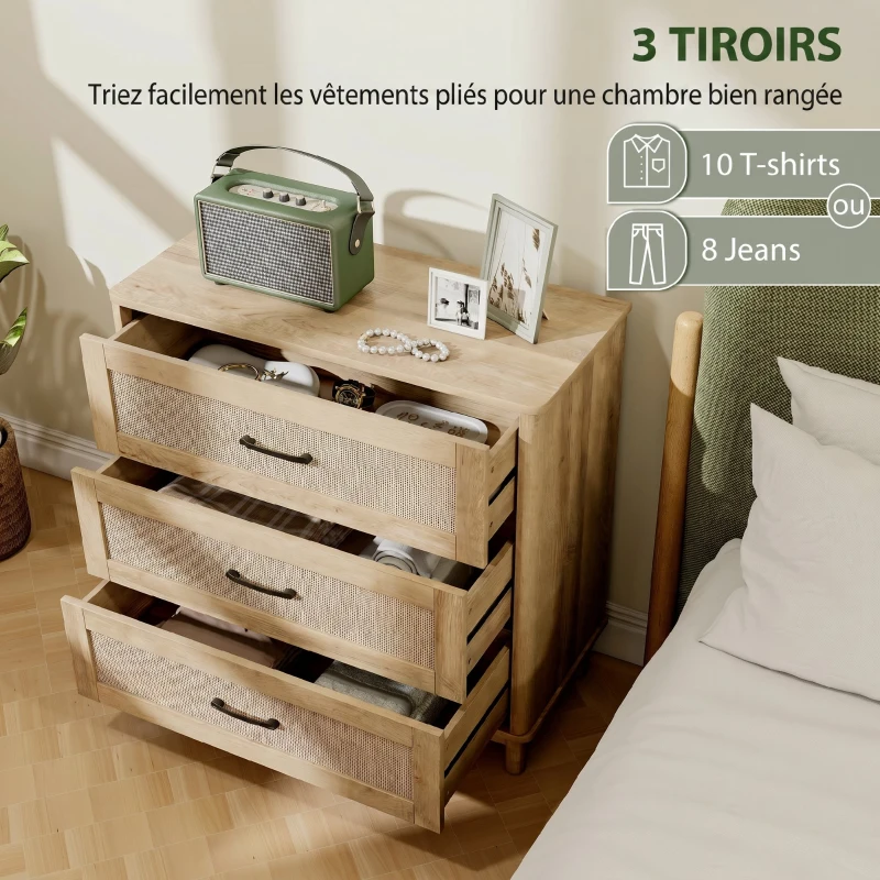 HOMCOM Commode 3 Tiroirs en Rotin, Meuble de Rangement, Chiffonnier, Pieds en Bois Massif, Style Bohème, 76x35x76cm, Chêne