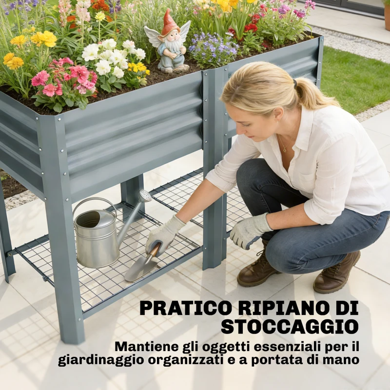 Outsunny Vaso Rialzato con Ripiano Portaoggetti, 150L, Acciaio Zincato, Altezza 80 cm, per Giardino o Patio Esterno