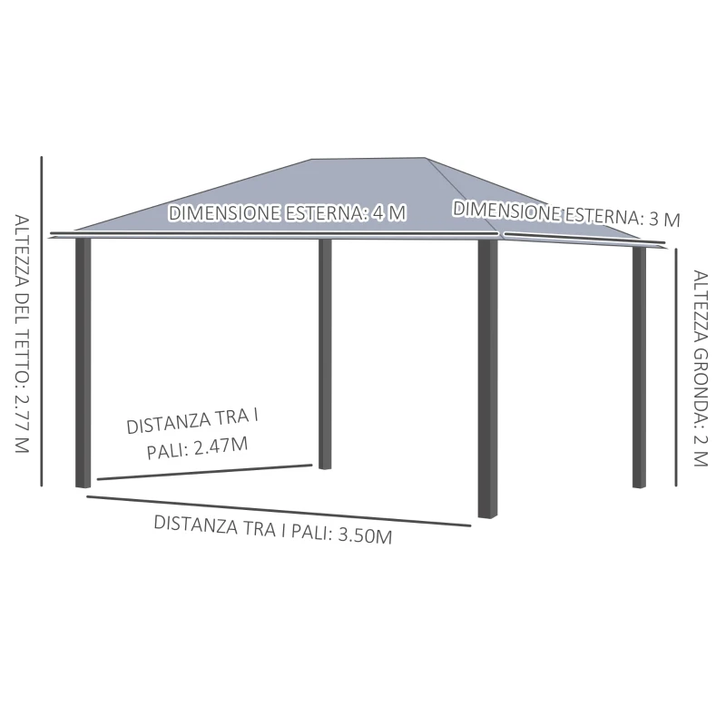 Outsunny Gazebo da Giardino 4x3m con Zanzariere e Tetto in Policarbonato, Grigio