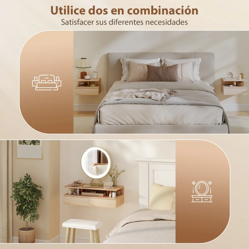 HOMCOM Set de 2 Mesitas de Noche Flotantes con 1 Cajón y Estante Abierto Diseño Moderno Montado en la Pared 35x32x22,5 cm Roble