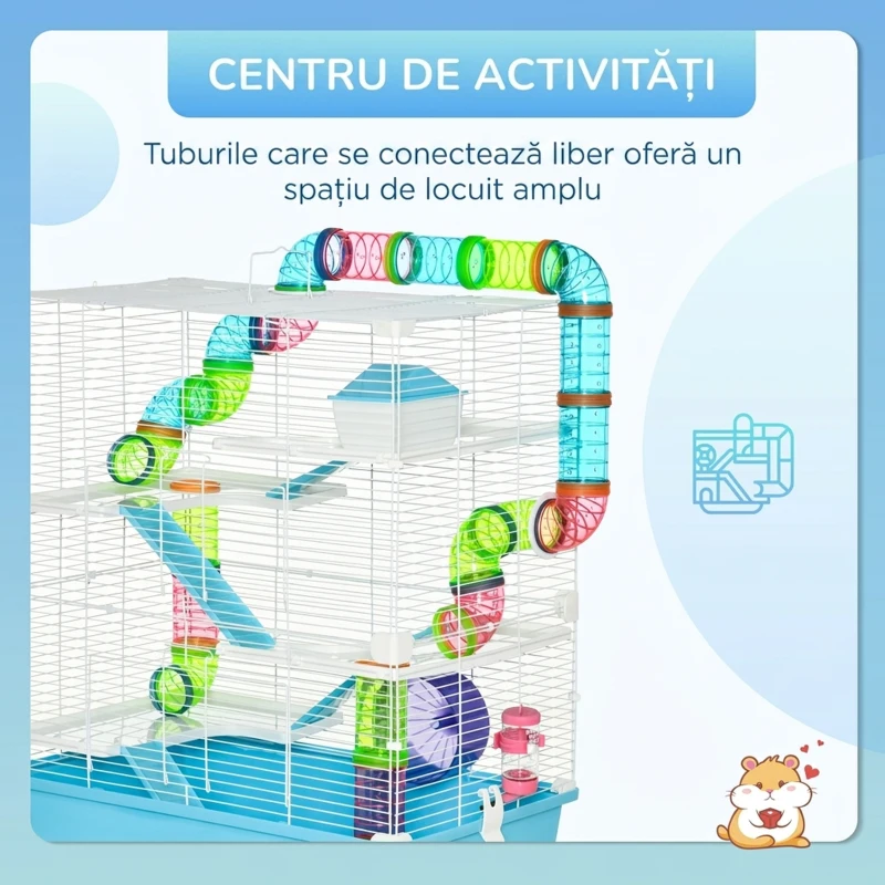 PawHut Cusca mare pentru hamsteri , refugiu pentru gerbili pe 5 niveluri, 59 cm x 36 cm x 69 cm, albastru deschis