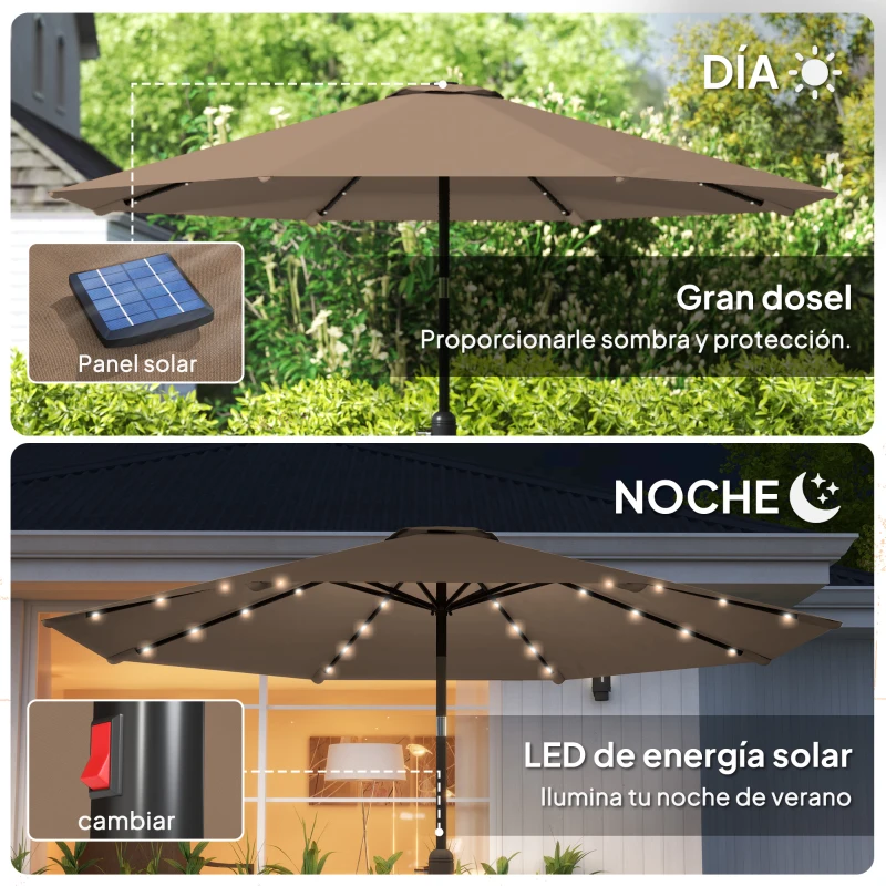 Outsunny Sombrilla de Jardín Ø265 cm con 32 Luces LED Solares Manivela y Poste de Acero para Patio Terraza Caqui