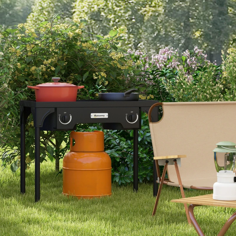 Outsunny Fornello a Gas da Campeggio con 2 Bruciatori 9.2 KW in Metallo con Gambe Rimovibili, Nero
