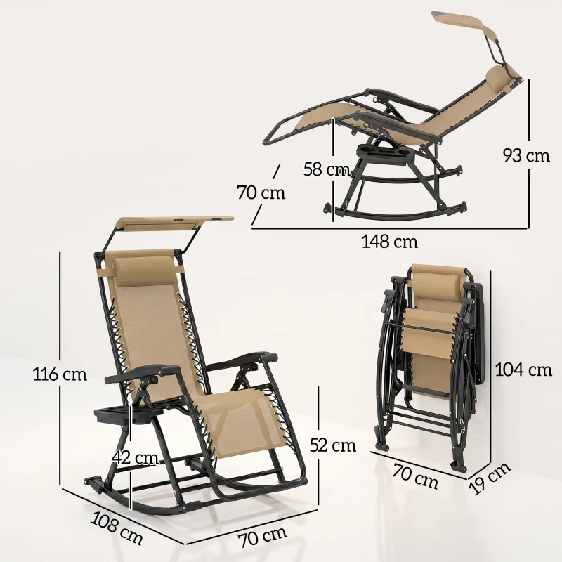 Outsunny Garden Rocking Chair Folding Recliner Outdoor Adjustable Sun Lounger Rocker Zero-Gravity Seat with Headrest Side Holder Patio Deck - Beige