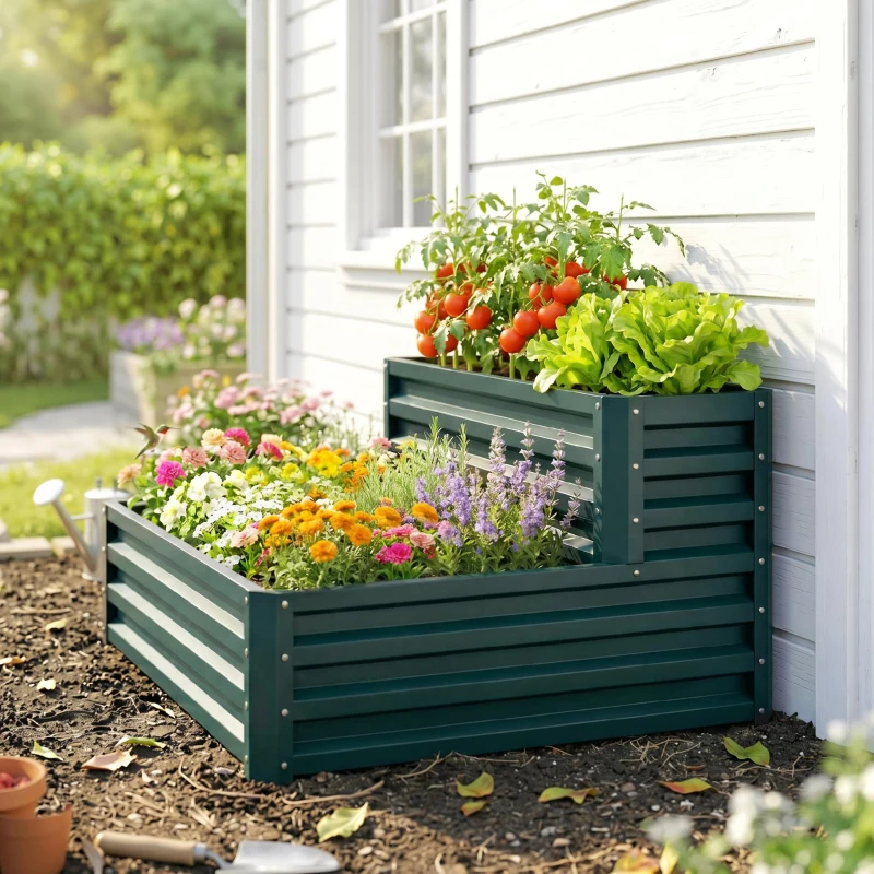 Outsunny Carré potager de jardin fond ouvert 2 étages pour herbes légumes fruits fleurs 120 x 101 x 58 cm vert