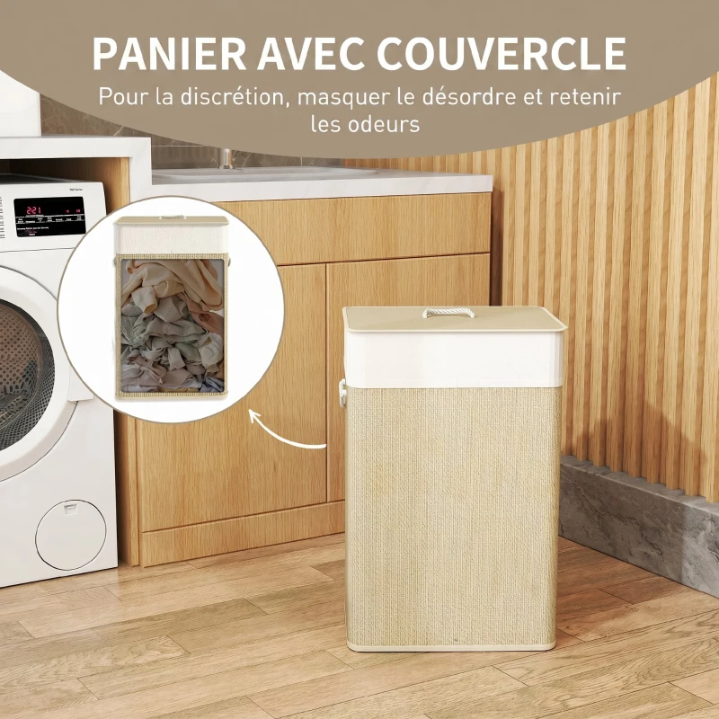 HOMCOM Panier à linge 72 L, corbeille à linge sale en bambou avec couvercle, poignées en corde, doublure amovible, crème