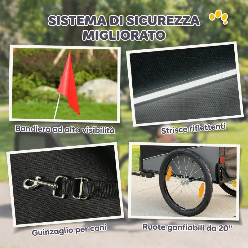 PawHut Rimorchio Bici per Cani Taglia Media Pieghevole in Metallo e 600D Oxford Copertura Sfoderabile, Grigio
