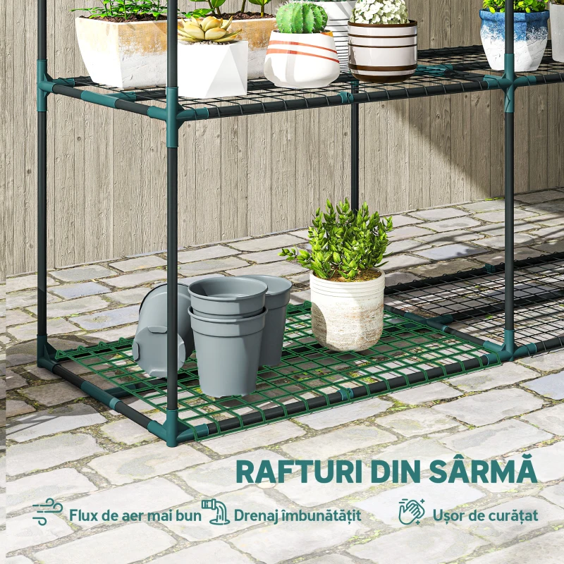 Outsunny Suport Vertical pentru Plante cu 3 Niveluri din Oțel și Plastic, Suport Ghivece pentru Interior și Exterior Grădină Balcon, 143x48x100 cm, Verde Închis