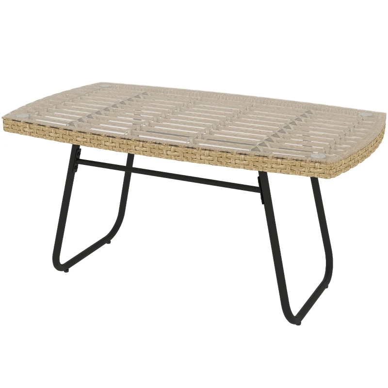 Outsunny Table d'appoint de jardin en résine tressée, 90x50x45cm, table basse de jardin avec plateau en verre trempé, naturel