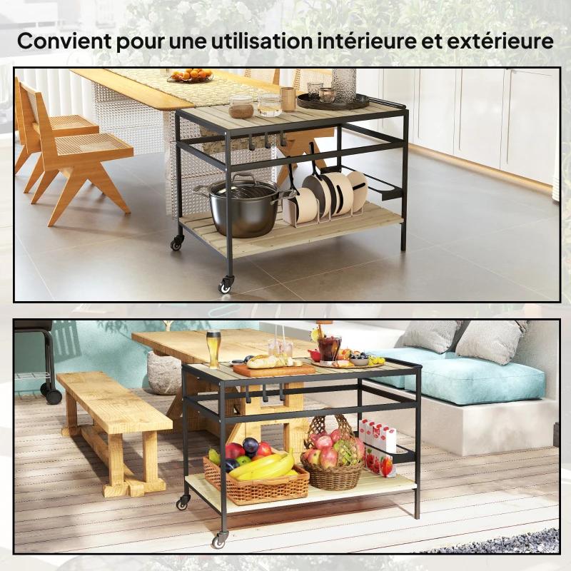 Outsunny Desserte de jardin chariot pour plancha en bois et métal 2 étagères 3 crochets 107 x 65 x 80 cm noir naturel