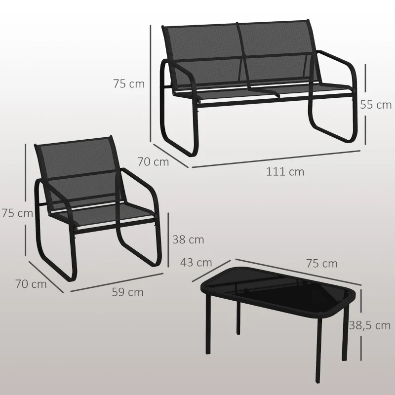Outsunny Set da Giardino con 2 Divani 2 Posti, 2 Poltrone e un Tavolino da Caffè con Piano in Vetro, Nero