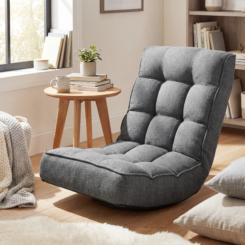 HOMCOM Silla de Suelo Plegable Silla de Lectura Giratoria 360° con Respaldo Ajustable en 5 Posiciones 58x107x79 cm Gris