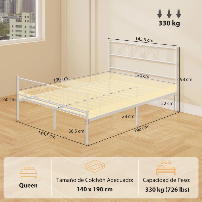 HOMCOM Estructura de Cama 140x190 cm con Cabecero Soporte de Listones de Acero Almacenamiento Bajo la Cama