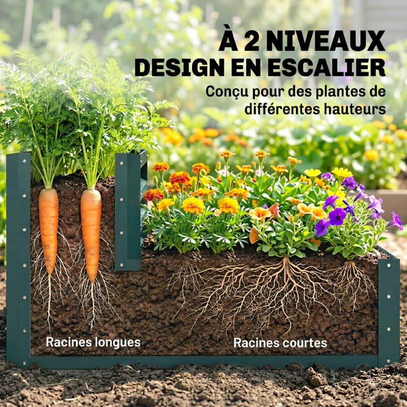 Outsunny Carré potager de jardin fond ouvert 2 étages pour herbes légumes fruits fleurs 120 x 101 x 58 cm vert