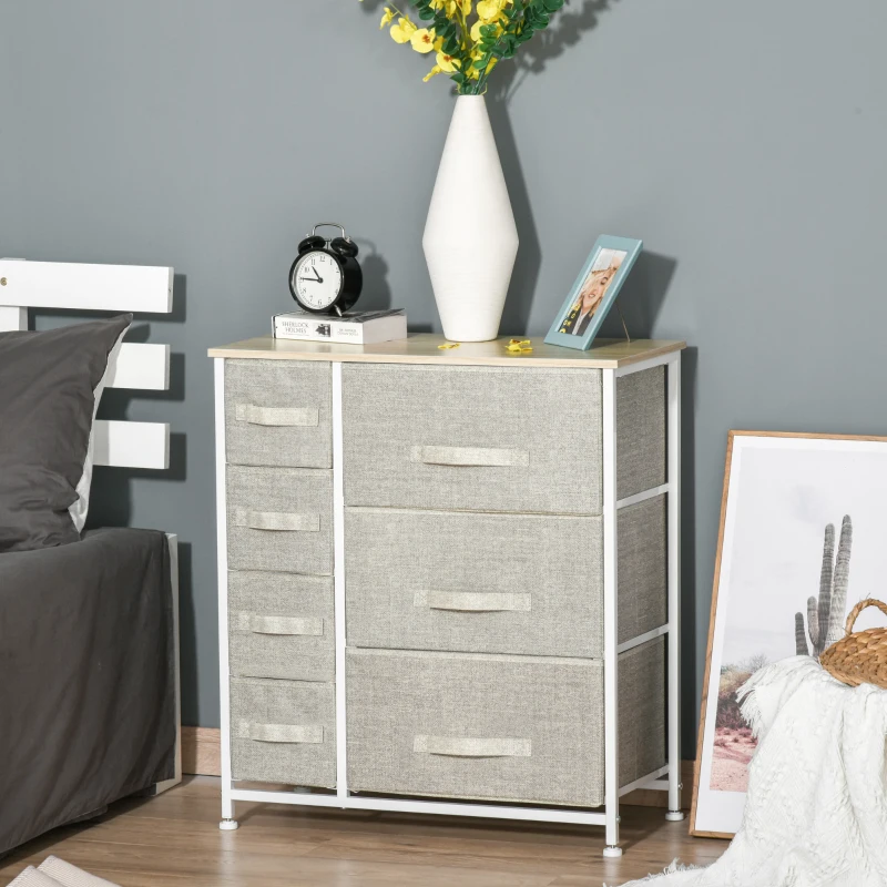HOMCOM Cômoda, aparador, 7 gavetas de tecido dobráveis, estrutura metálica, 63,5 x 30 x 71 cm, Cinza claro