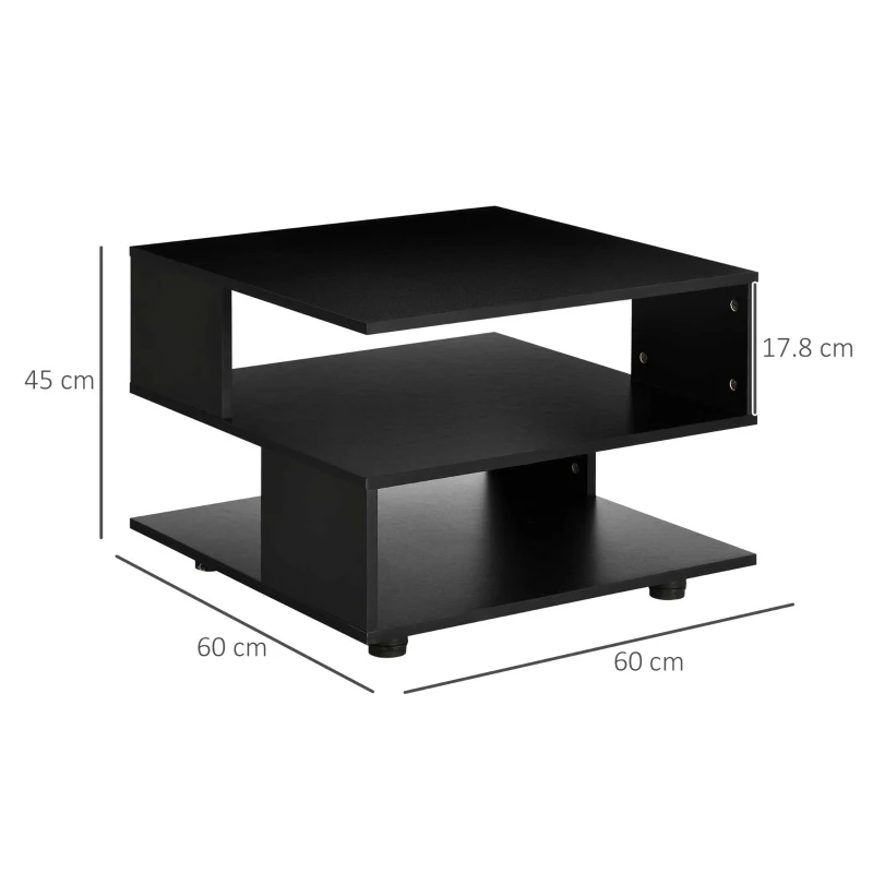 HOMCOM Tavolino da Caffè Asimmetrico in Legno con Ripiani e Piedini Regolabili, 60x60x45cm, Nero