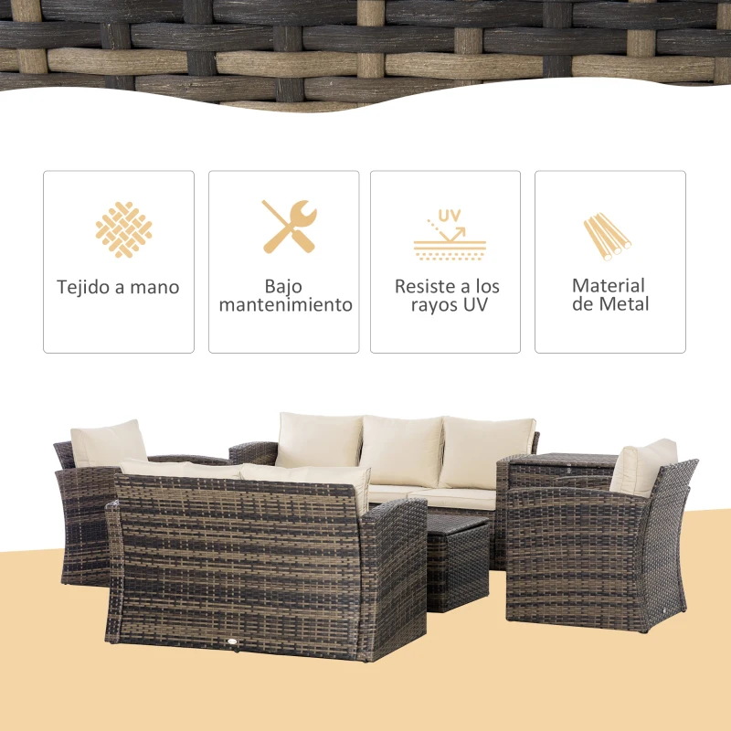Outsunny Conjunto de Jardín Exterior de Ratán 6 Piezas Cojines Sofá Doble Sofá 3 Plazas 2 Sillones 2 Mesas Auxiliares Caqui