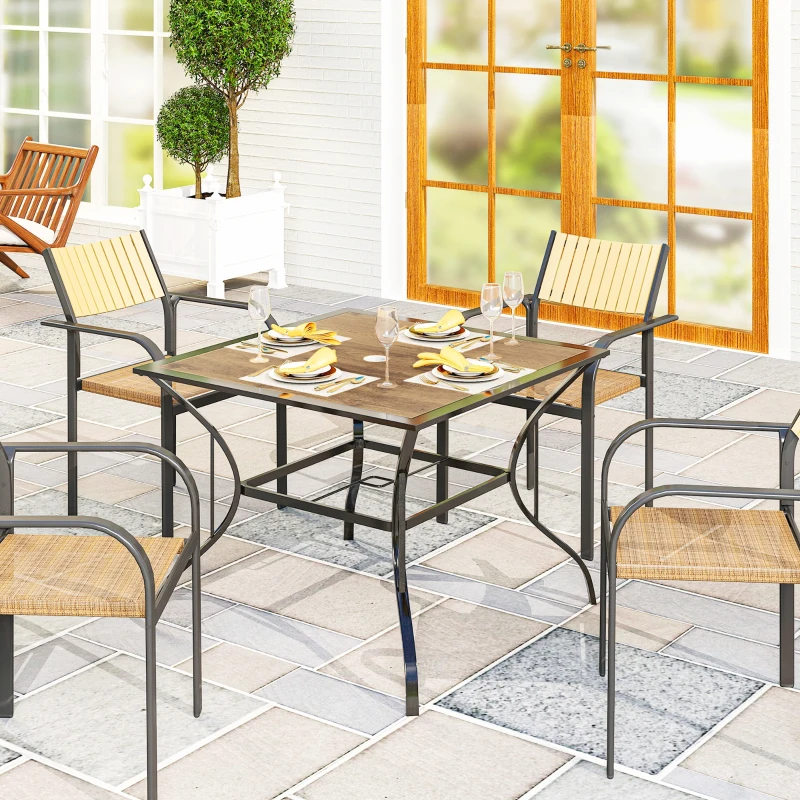 Outsunny Tavolo da Giardino Marrone per 4 Persone con Foro Centrale per Ombrellone, 94L x 94P x 71A cm