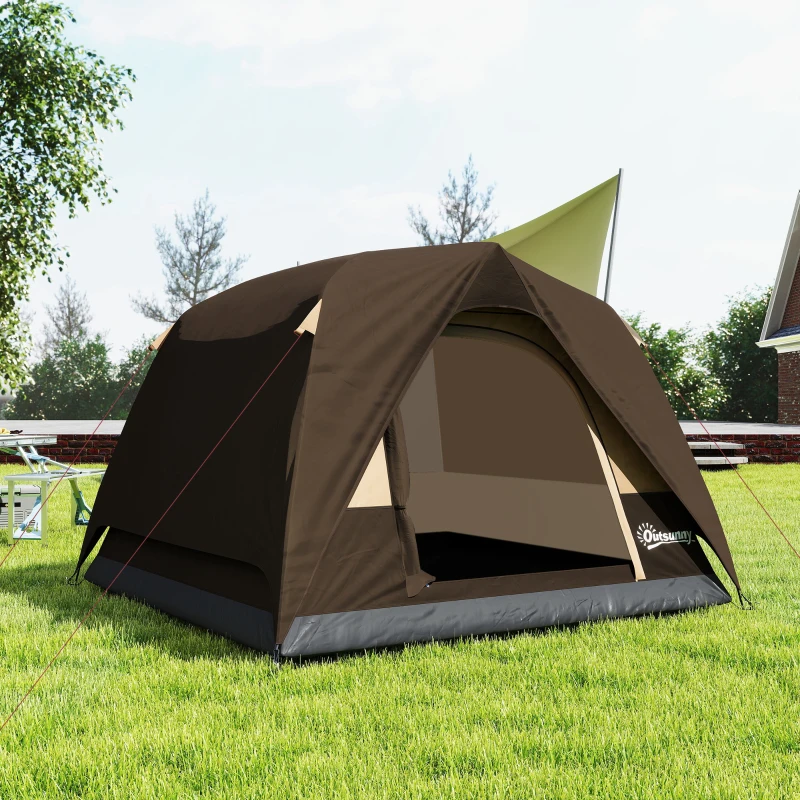 Outsunny 3-4 Person Camping Tent, Easy Set Up 3-4 Man Tent w/ Sewn-in Groundsheet, Waterproof Dome Tent w/ Mesh Windows, Brown