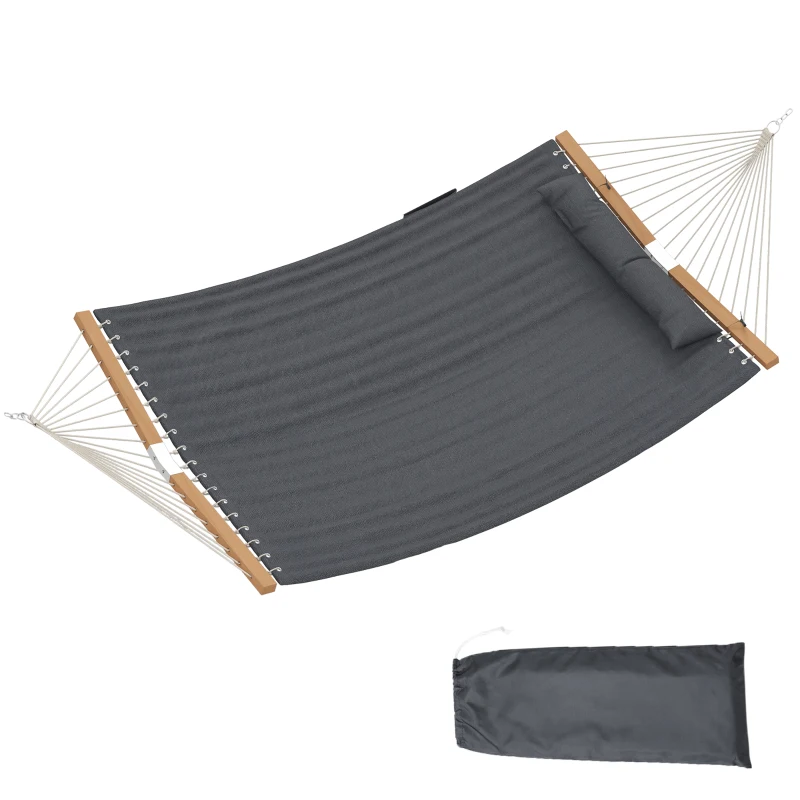Outsunny Hängematte Outdoor 200x140cm, zweilagig Hängematte mit Kopfstütze Magazintasche Holzstäbe bis 200kg