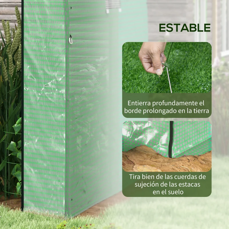 Outsunny Invernadero de Túnel con 2 Puertas Enrollables 2 Ventanas de Malla y Marco de Acero Cubierta PE 135g/m² Anti-UV Verde
