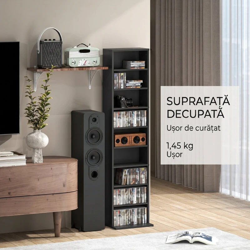 HOMCOM Raft pentru CD-uri cu 9 Rafturi Reglabile, Capacitate pentru 260 CD-uri/120 DVD-uri, 33x24x140 cm, Negru