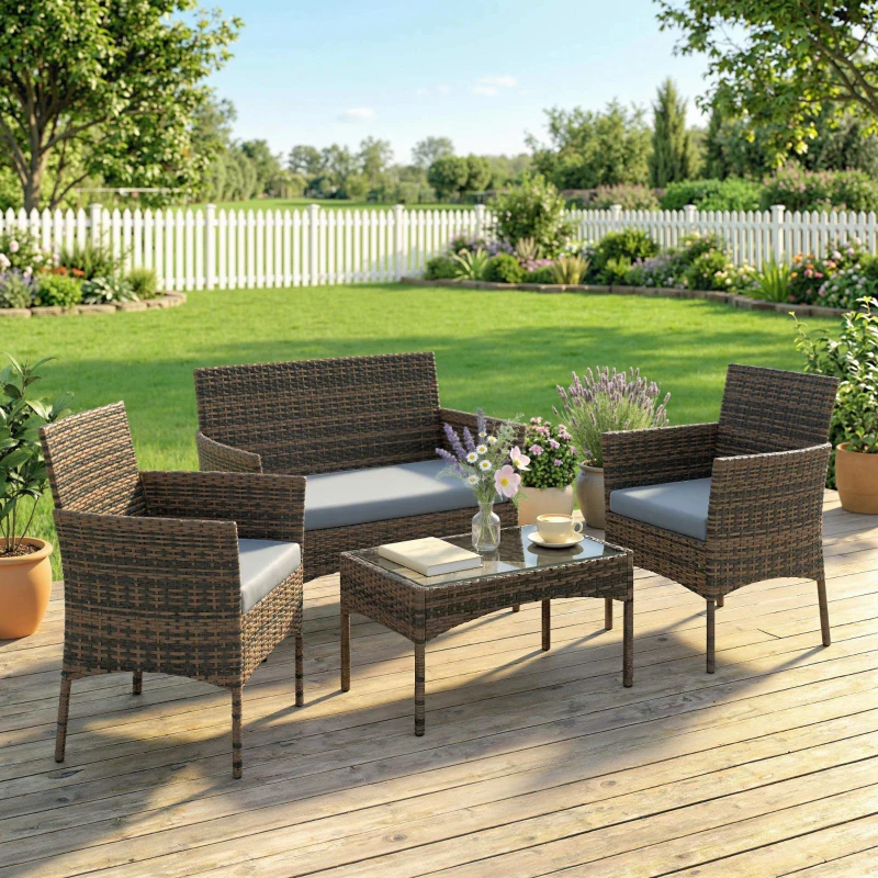Outsunny Set da Giardino 4pz con Divano 2 Posti, 2 Sedie e Tavolino Basso, in Rattan e Acciaio, Grigio e Marrone