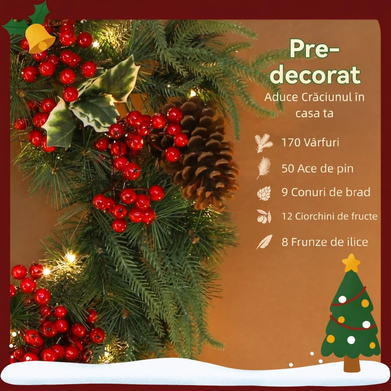 HOMCOM Ghirlandă de Crăciun de 60 cm cu lumini LED albe, timer, conuri, boabe și frunze de ilex, verde
