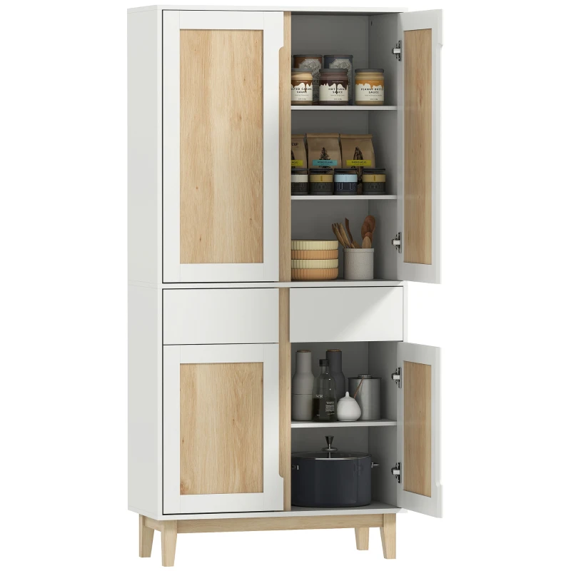 HOMCOM Buffet haut cuisine, armoire de cuisine avec 4 portes, 2 tiroirs et étagères réglables, 80x35x170cm, blanc et chêne(m-11)