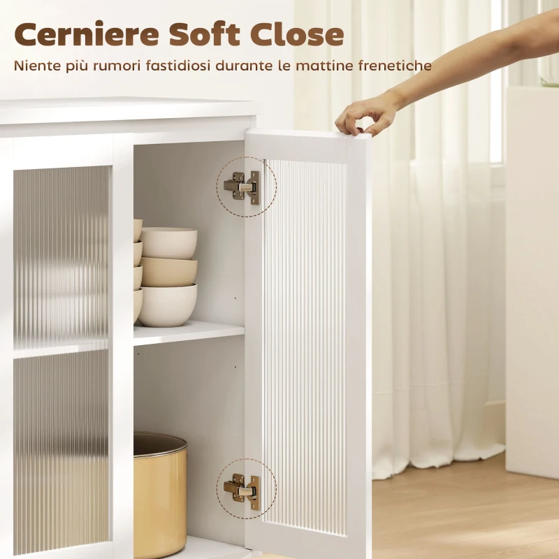 HOMCOM Credenza Buffet in Legno con 4 Cassetti e Armadietto con Ante in Vetro e Ripiani Regolabili, 120x40x91 cm, Bianco