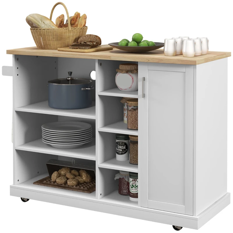 HOMCOM Carrinho ilha de cozinha com rodízios 7 compartimentos 1 armário 1 porta 1 suporte para panos 129 x 51 x 93 cm madeira e branco