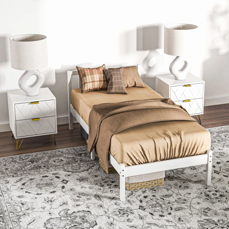 HOMCOM Estrutura de Cama de Solteiro, Cabeceira & Estrado, 26cm de espaço sob a cama, Pinho, 208x96x70 cm, Branco