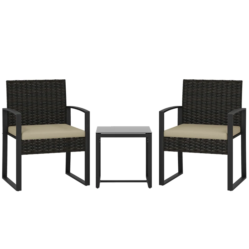 Outsunny Salon de jardin extérieur en résine tressée 2 personnes, table de jardin avec 2 chaises, plateau en verre trempé, marron