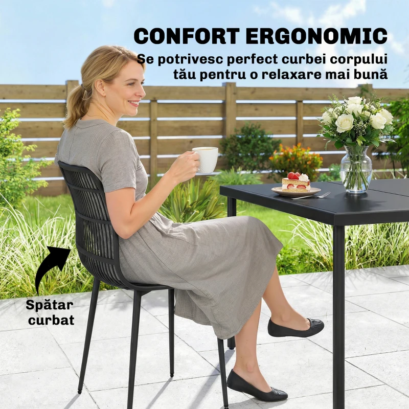 Outsunny Scaune de Dining pentru Exterior Set de 4, Scaune de Grădină cu Spatar Fisurat, Negru