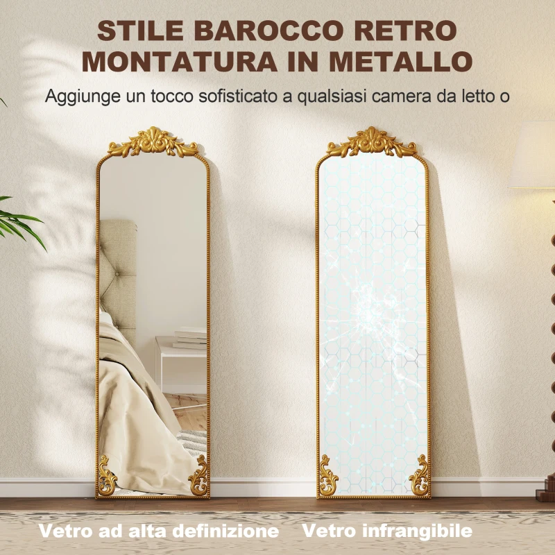 HOMCOM Specchio a Figura Intera in Stile Barocco con Cornice, in Vetro Temperato e Metallo, 50x4.5x160 cm, Oro