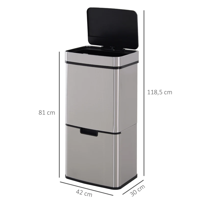 HOMCOM Mülleimer mit Sensor 47L + 2 x 12,5L Automatischer Abfalleimer mit Bewegungssensor, Wasserdichtes Mülltrennsystem aus Edelstahl für Küche Silber