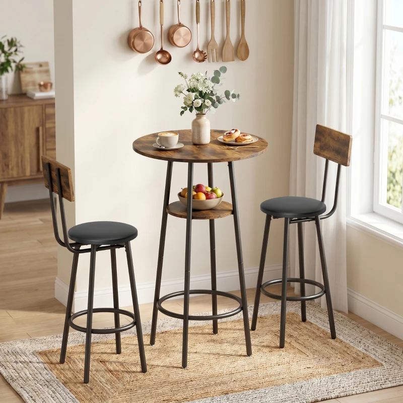 HOMCOM Industrie-Bartisch-Set mit 2 gepolsterten Hockern, Fußstützen, Metallrahmen, Küchentisch mit Ablage, Rustikal Braun