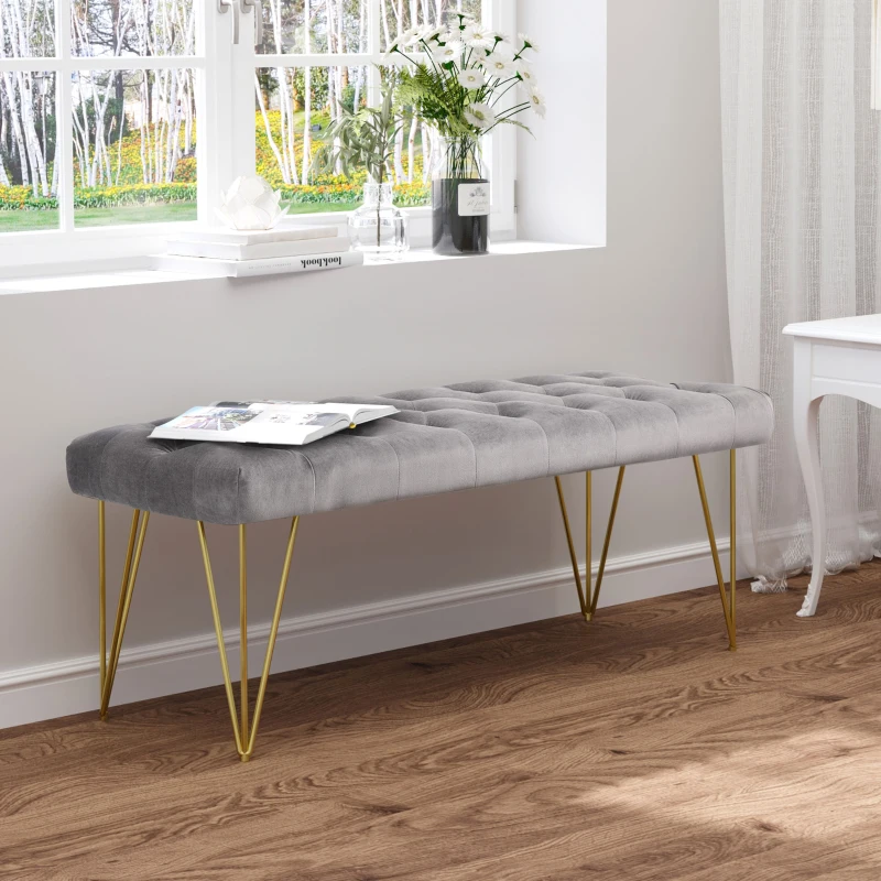 HOMCOM Banco Estofado Banco Piano Banco para Sapatos com Aparência Aveludada Banco de Cama Banco de Piano para Quarto Sala Corredor Metal 116x44,5x49 cm Cinza