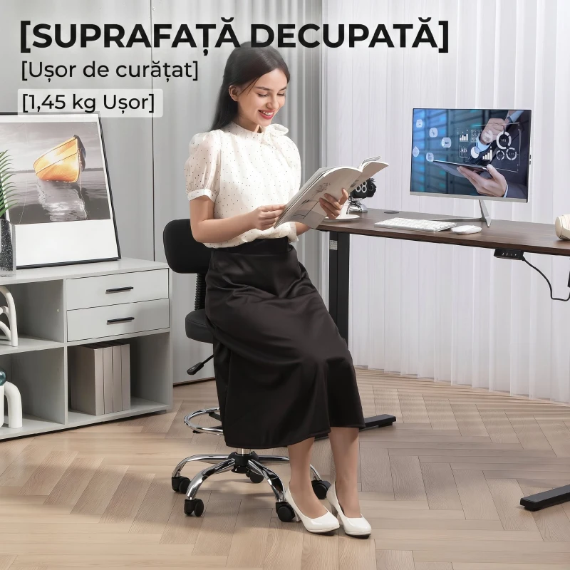 HOMCOM Scaun rotativ cu înălțime reglabilă și suport pentru picioare, din oțel, piele ecologică și spumă, 52x52x78-92 cm, negru