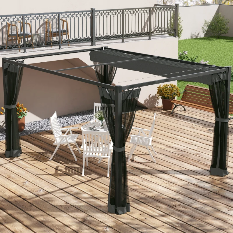 Outsunny Pergola da Giardino con Tetto Retrattile e Tende, in Alluminio e Poliestere, 397x297x225 cm, Grigio Scuro