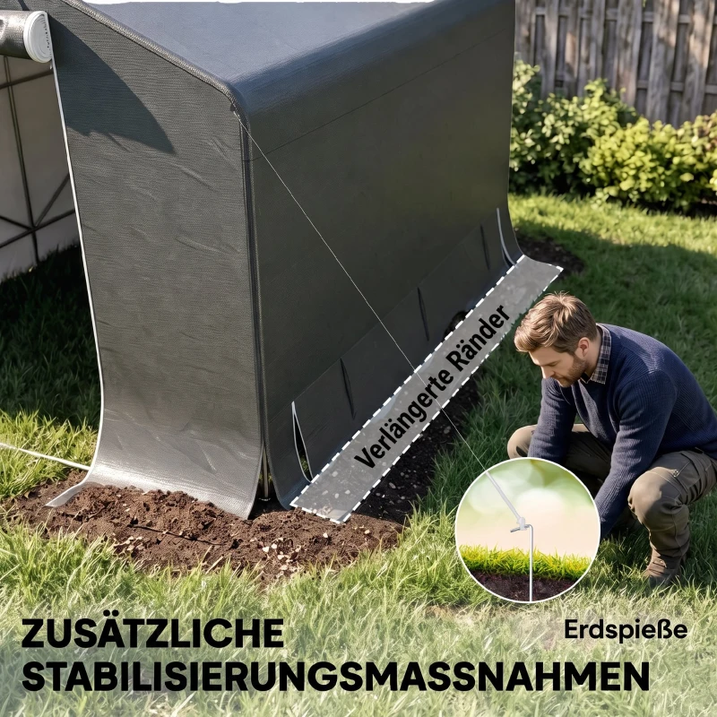 Outsunny Tragbarer Gartenschuppen, Fahrradzelt, Rolltür mit Reißverschluss, Metallrahmen, vielseitige Aufbewahrung, Dunkelgrau