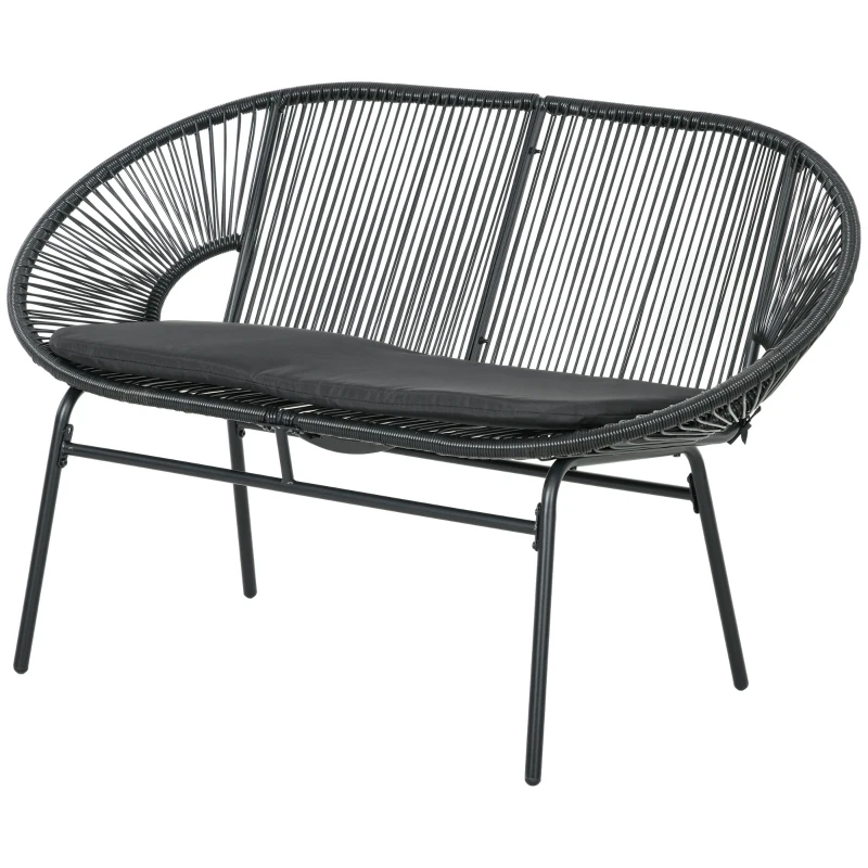 Outsunny Divano da Giardino 2 Posti in Rattan PE e Acciaio con Cuscini e Braccioli, 132x72x83 cm, Nero