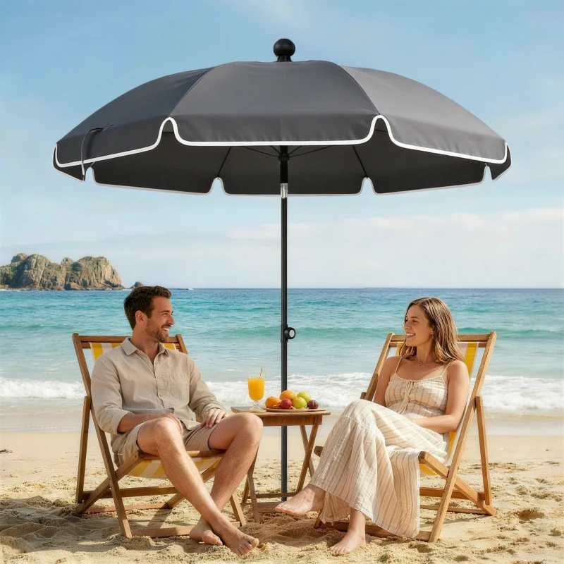 Outsunny 1.8 m Beach Umbrella Parasol with Sand Anchor, Portable 30° Tilting Patio Sun Shade with Adjustable Height, Dark Grey