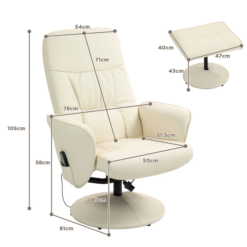 HOMCOM Poltrona de Massagem com Pufe Cadeira Ergonômica com 10 Pontos de Vibração Couro Sintético 76x81x105 cm Creme Branco