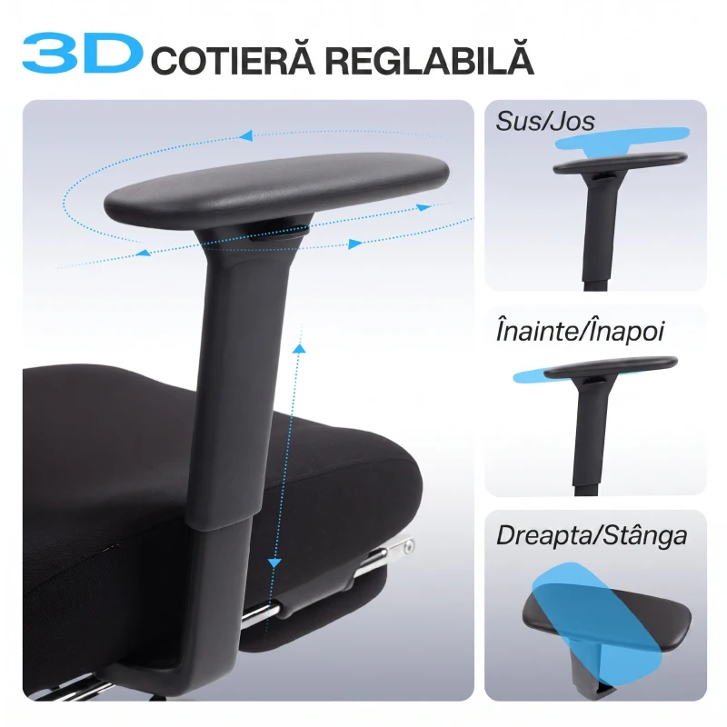 HOMCOM Scaun de Birou Ergonomic și Respirabil cu Suport Lombar Dinamic și Suport pentru Picioare, 73x75x120-128 cm, Negru